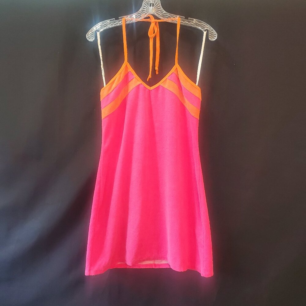 Unbranded Swimsuit Cover Up Bright Pink Orange Terrycloth Tie Neck